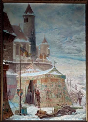 Krieg von Burgund: Das Zelt von Karl dem Kühnen bei der Belagerung von Nancy. Der Herzog von Burgund Karl der Kühne starb während der Schlacht von Nancy am 5.01.1477, die ihn gegen die Armee von Lothringen und die Schweizer von René II. von Lothringen stel