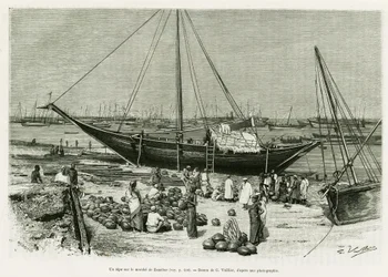 Ein Tepe auf dem Markt von Sansibar (Tansania). Gravur von G. Vuillier zur Illustration der Geschichte „Reise bei den Benadirs, Somalis und Bayouns“ von G. Revoil, veröffentlicht in Le Tour du monde 1888