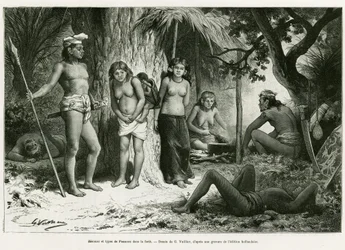 Biwak und Typen von Lung im Wald. Gravur von G. Vuillier, zur Illustration der Geschichte 
