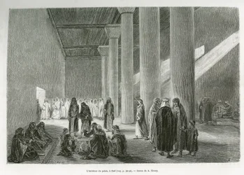 Im Inneren des Palastes von Emir Muhammad Ibn Abdullah Al Rashid (1872-1897), in Hail, Saudi-Arabien. Gravur von G. Vuillier, zur Illustration der Geschichte „Pilgerfahrt nach Nedjed, Wiege der arabischen Rasse“, von Lady Anna Blunt, 1878-1879, veröffentli