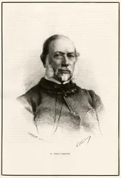 Porträt von Emile Templier (1821-1891), Mitarbeiter von Louis Hachette (1800-1864), verantwortlich für die Herstellung des „Tour du monde“. Gravur von G. Vuillier, zur Illustration der Geschichte „Von Paris nach Tonkin, durch das unbekannte Tibet“ von Gabr