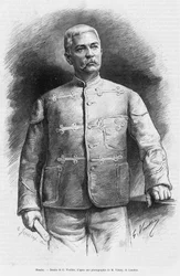 Porträt von Henry Morton Stanley (geb. John Rowlands 1841-1904) Journalist und Entdecker. Gravur von G. Vuillier zur Illustration der Geschichte „In den Dunkelheiten Afrikas, Suche, Entdeckung und Rückzug von Emin Pascha“