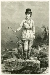 Porträt von Madame Marie De Ujfalvy-Bourdon, in Reisekleidung, mit ihrem Hund, verheiratet mit dem Ethnologen, Linguisten und Entdecker Charles Eugene Ujfalvy (1842-1904), sie begleitete ihn auf all seinen Expeditionen. Gravur von G. Vuillier, nach der Nat