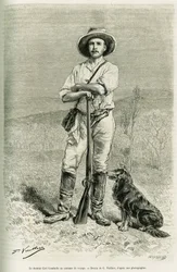 Porträt des Reisenden und Autors Carl Lumholtz. Gravur von G. Vuillier zur Illustration der Geschichte Chez les cannibales, voyage dans le nord-est d
