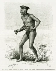 Sibou Mobang, Anführer der Kannibalen. Gravur von G. Vuillier, zur Illustration der Geschichte De Koutei à Bandjirmasin, Reise durch Borneo, von Carl Bock, in Le tour du monde 1890, unter der Leitung von Edouard Charton (1807-1890), Hachette, Paris