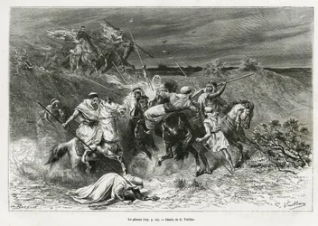 Der Ghazou oder Razzia, Plünderung mit der Hand. Gravur von G. Vuillier, um die Geschichte „Pilgerfahrt nach Nedjed, Wiege der arabischen Rasse“ zu illustrieren, von Lady Anna Blunt, in 1878-1879, veröffentlicht in Le tour du monde, unter der Leitung von E