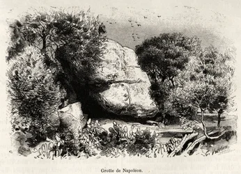 Die Napoleon-Höhle, in die sich Napoleon Bonaparte (1769-1821) als Kind gerne zurückzog, um zu studieren und zu meditieren. Gravur und Geschichte 
