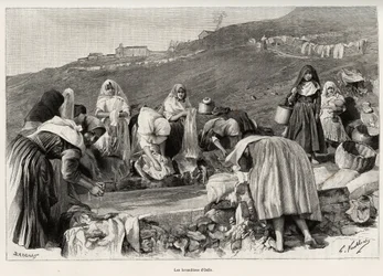 Der Lavendel von Osilo (Italien), Frauen versammelten sich um das Becken. Gravur und Geschichte „La Sardaigne“ von Gaston Vuillier (1845-1915), in 1890, in Le tour du monde, nouveau journal des voyages, unter der Leitung von Edouard Charton (1807-1890), 2.