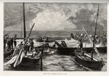 Thunfischfang (Mattanza): die Todeskammer, Thunfische, die in einem engen Raum zusammengedrängt sind, werden von den Harpunen der Fischer getroffen. Gravur und Geschichte „La Sardaigne“ von Gaston Vuillier (1845-1915), 1890, in Le tour du monde, nouveau jo