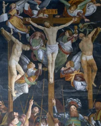 Kreuzigung (Detail) aus dem Fresko von Gaudenzio Ferrari (1475-1546), Kirche San Cristoforo, Vercelli, Piemont, Italien