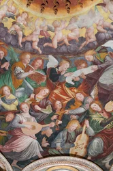 Detail der Himmelfahrt der seligen Jungfrau, bekannt als "Der Chor der musizierenden Engel", Kuppel des Querschiffs, ab 1534
