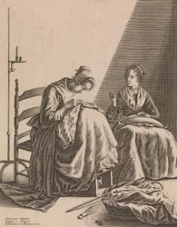 Zwei Frauen beim Nähen, Platte 1 aus Fünf weibliche Beschäftigungen, ca. 1640-57