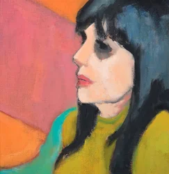 Schwarzes Haar, limettengrüner Pullover, 2017