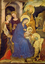 Einer der Heiligen Drei Könige kniet vor dem Christkind, die Krone des Königs auf dem Boden
