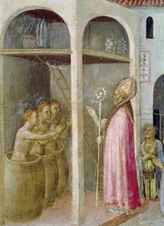 Der heilige Nikolaus erweckt die drei in Salzlakefässer geworfenen Kinder wieder zum Leben, Detail einer Predellentafel des Quaratesi-Altars, 1425