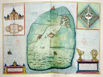 Das Schloss und Observatorium von Uraniborg auf der Insel Hven, Dänemark, erbaut ca. 1584 von Tycho Brahe (1546-1601), aus Urbium Praecipuarum Mundi Theatrum Quintum, veröffentlicht in Köln, 1598