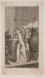 Illustration mit einer jungen Dame, die einem älteren Mann einen Brief übergibt. Im Hintergrund zwei Herren, umgeben von Stadtwachen