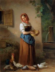 Ein Mädchen, Hühner und Tauben fütternd