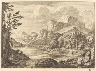 Gebirgige Landschaft mit einer Ruine und einer Bogenbrücke in der Ferne