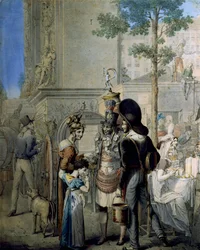 Kokosnusshändler Porte Saint Denis in Paris. Alter Händlerladen, der Kokosnussbecher in den Straßen von Paris verkauft. Zeichnung von German George Emanuel Opitz (1775-1841)