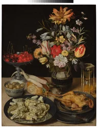 Stillleben mit Blumen und Esswaren