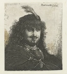 Selbstporträt (?) mit Federhut und gesenktem Säbel