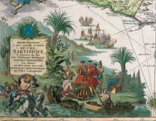 Karte von Martinique erstellt von Matthieu Seutter, Details: Kaufleute und amerikanische Ureinwohner