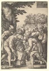 Joseph wird von seinen Brüdern in einen Brunnen hinabgelassen, aus der Serie Die Geschichte von Joseph, 1546