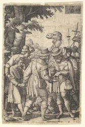 Joseph wird an die Händler verkauft: ein bärtiger Mann greift Joseph mit seiner linken Hand und erhält Co..., 1546