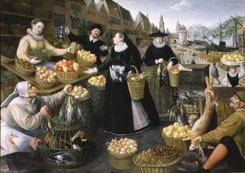 Eine Allegorie des Herbstes: ein Obst- und Gemüsestand über dem Weinmarkt in Frankfurt am Main