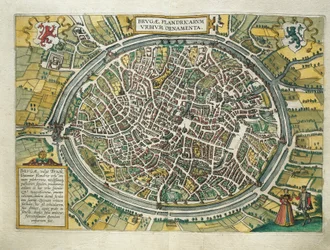 Karte von Brügge, Belgien, aus Civitates Orbis Terrarum von Georg Braun und Franz Hogenberg, Köln, Kupferstich