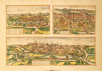 Karte von Montpellier, Tours und Poitiers aus Civitates Orbis Terrarum