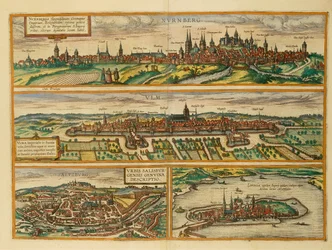 Karte von Nürnberg, Ulm, Salzburg und Lindau aus Civitates Orbis Terrarum von Georg Braun