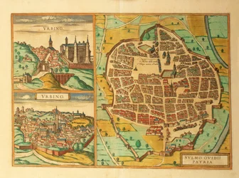 Karten von Urbino und Sulmona, Abruzzen und Marken, Italien, aus Civitates Orbis Terrarum von Georg Braun