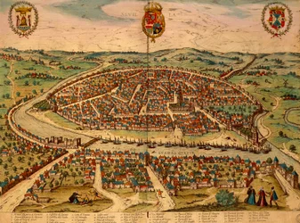 Spanien, Sevilla, Stadtansicht, Farbstich aus Civitates Orbis Terrarum von Georg Braun und Franz Hogenberg