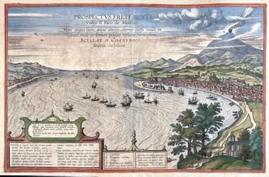 Die Meerenge von Messina, zwischen Sizilien und Kalabrien (Italien) (Stich)