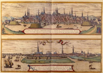 Oben Ansicht der Stadt Lübeck, unten die Stadt Hamburg in Deutschland. Gravur aus dem Atlas von „Braun und Hogenberg“ 1572