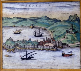 Ceuta, Marokko, aus dem Atlas „Civitates Orbis Terrarum“ von Braun und Hogenberg