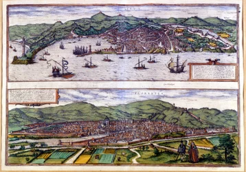 Genua (oben) und Florenz (unten), Vogelperspektive aus dem Atlas von Braun & Hogenberg. 1550