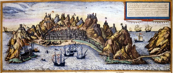 Ansicht der Stadt Aden im Jemen aus dem Atlas „Civitates Orbis Terrarum“ von Braun & Hogenberg