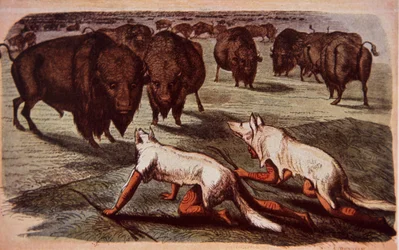 Nordamerikanische Prärie-Indianer schleichen sich an grasende Büffel heran, während sie Wolfshäute tragen, um 1840