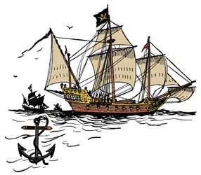 Ein Piratenschiff vor Turtle Island in der Karibik Illustration aus „Das Buch der Jungen über Piraten und die großen Seeräuber“ von George Albert Williams (1875-1932) 1900