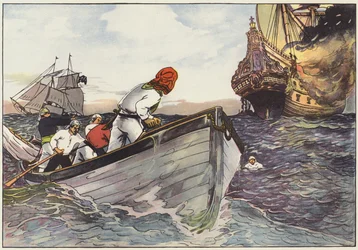 Zu einer sicheren Entfernung rudern, die Piraten legten an und beobachteten mit teuflischer Freude, wie die Flammen aufloderten