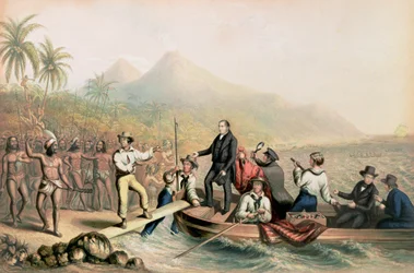 Die Rückkehr des Rev. John Williams in Tanna in den Südseeinseln, am Tag vor seiner Ermordung