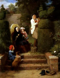 Im Garten. Eine Großmutter und ihre zwei kleinen Kinder beobachten ihren Großvater, der einen Busch in Tierform im Garten schneidet. Gemälde von George Bernard O`Neill (1828-1917 Britisch) Privatsammlung