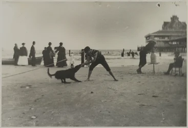 Junge und Hund, Iron Pier, Coney Island, Brooklyn, ca. 1885
