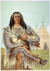 Indianer Amerikas: Porträt eines Anführers des Blackfoot-Stammes, etwa 50 Jahre alt. Illustration von George Catlin