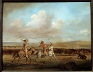 Amerikanische Indianer auf Pferden jagen den Bison (George Catlin)