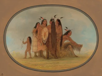 Vier Mandan-Krieger, ein Mädchen und ein Junge, 1861-1869