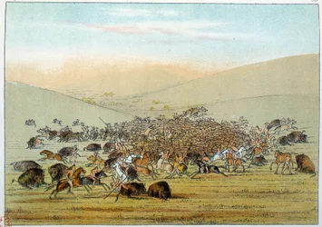 Indianer Amerikas: Indianer jagen Büffel mit Speeren. Illustration von George Catlin (1794-1872)
